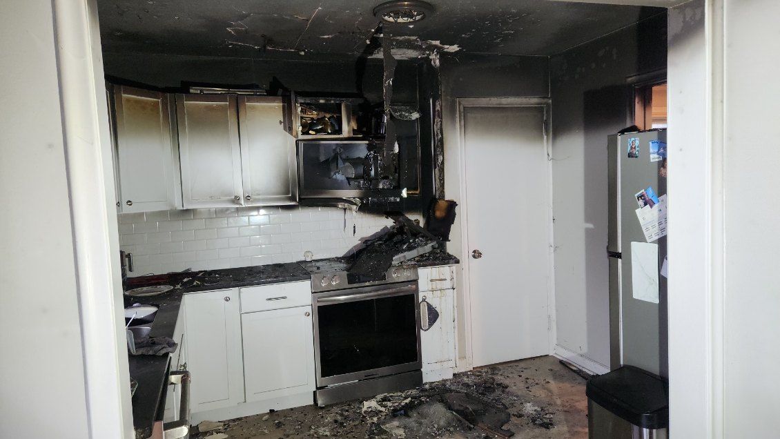 Kitchen fire damage before cleanup